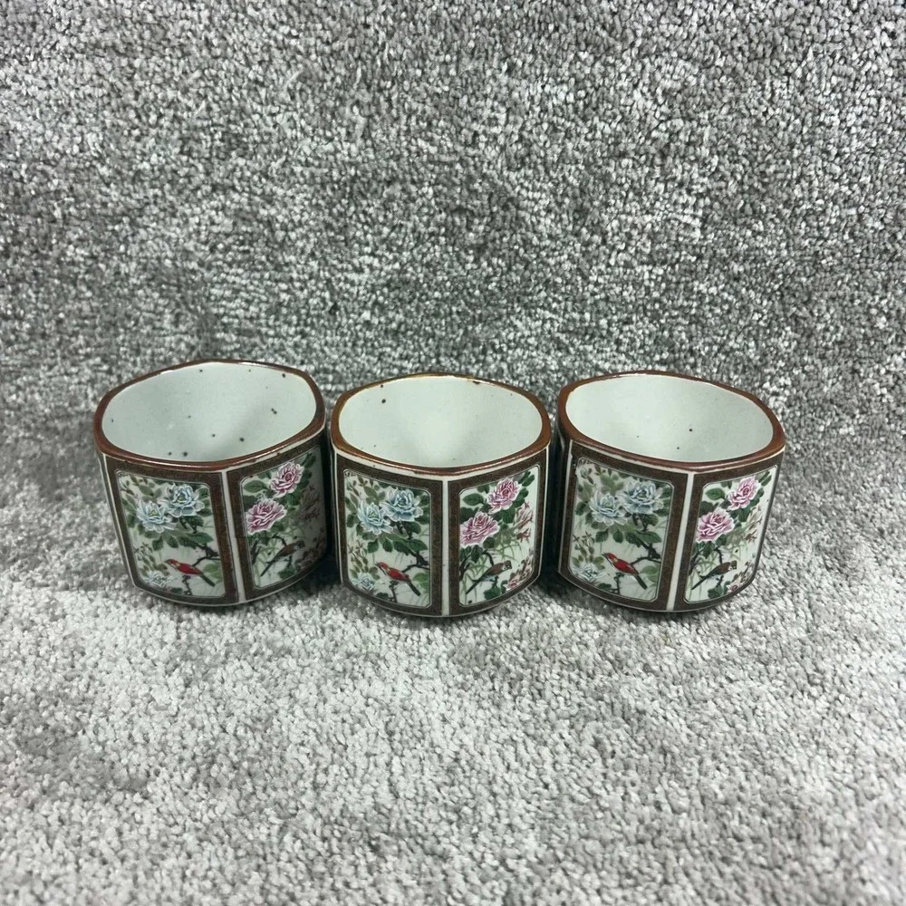 Hexagonal Tea Cups White Brown Floral Bird Ceramic Set of 3